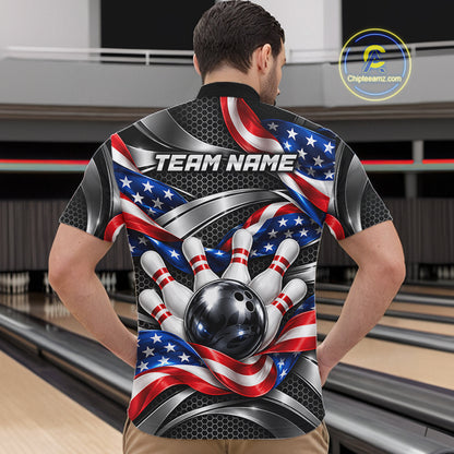 Custom Silver Steel American Flag Bowling Shirts For Men, Patriotic Bowling League Team Jersey TDM8120