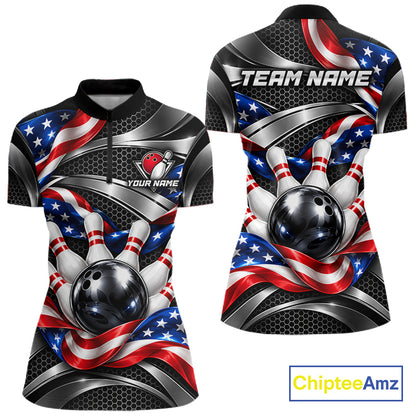 Custom Silver Steel American Flag Bowling Shirts For Women, Patriotic Bowling League Team Jersey TDM8120