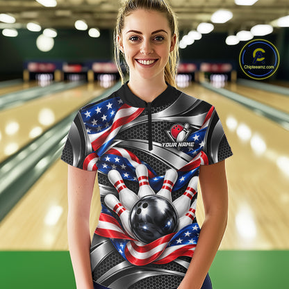 Custom Silver Steel American Flag Bowling Shirts For Women, Patriotic Bowling League Team Jersey TDM8120