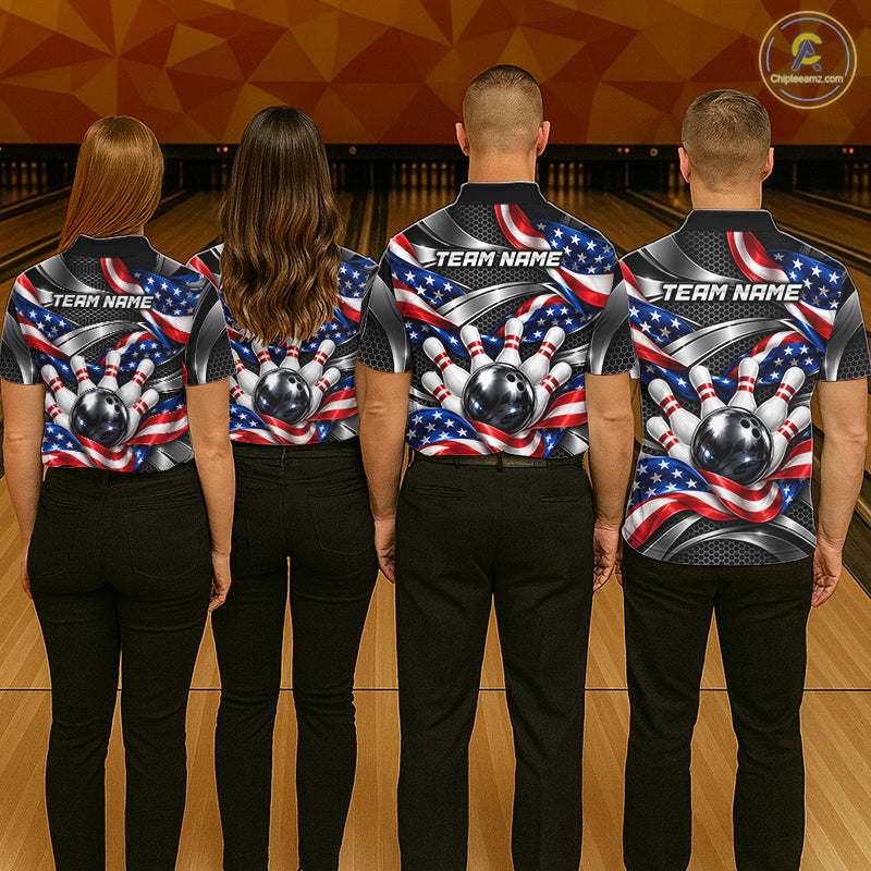 Custom Silver Steel American Flag Bowling Shirts For Men, Patriotic Bowling League Team Jersey TDM8120