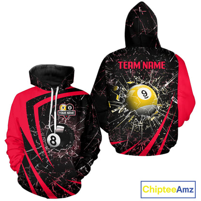 Black And Red 8 Ball & 9 Ball Glass Break Billiard Hoodie Custom Pool Team Shirt Uniform TDM5642