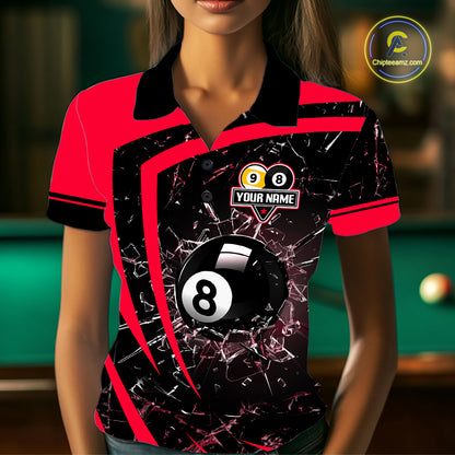 Black And Red 8 Ball & 9 Ball Glass Break Billiard Shirt For Women Custom Pool Team Jersey Uniform TDM5642