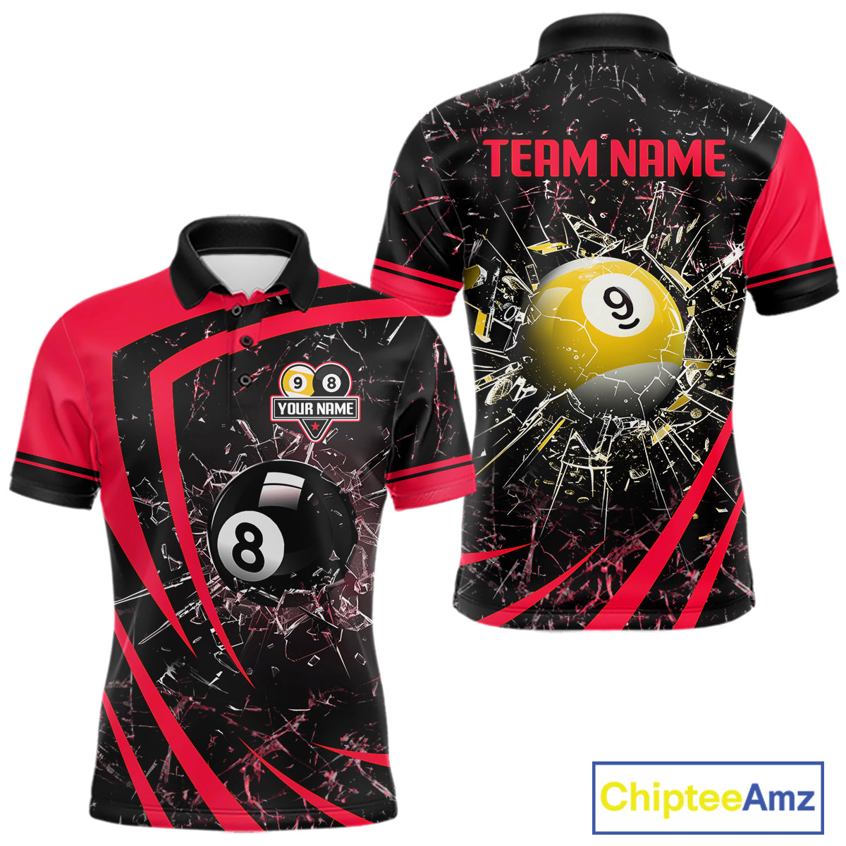 Black And Red 8 Ball & 9 Ball Glass Break Billiard Shirt For Men Custom Pool Team Jersey Uniform TDM5642
