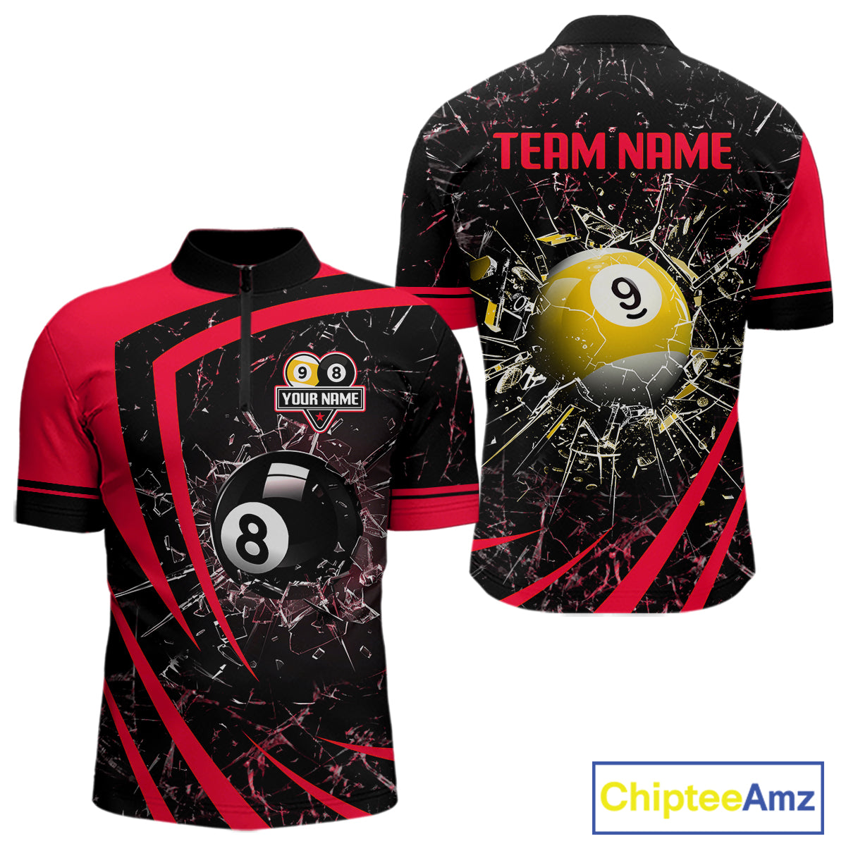 Black And Red 8 Ball & 9 Ball Glass Break Billiard Shirt For Men Custom Pool Team Jersey Uniform TDM5642
