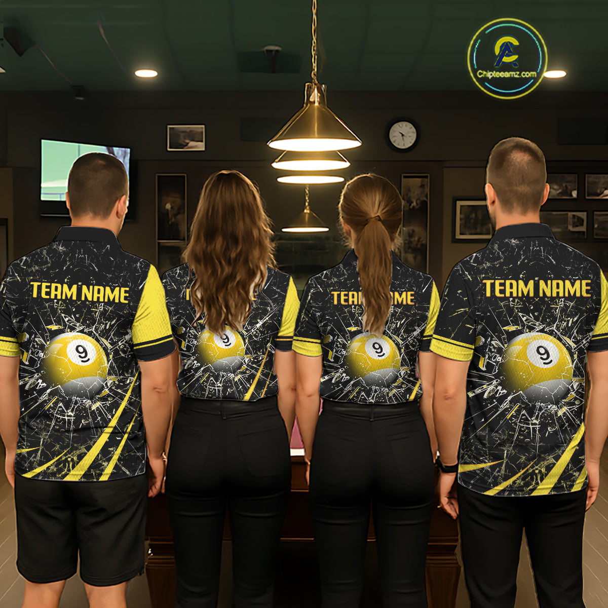 Black And Yellow 8 Ball & 9 Ball Glass Break Billiard Shirt For Women Custom Pool Team Jersey TDM5643