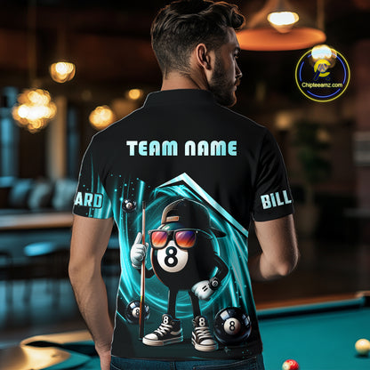 Turquoise Funny 8 Ball Billiard Shirt For Men Custom Pool Team Shirt, Billiard Jersey Polo, 1/4 Zip TDM5644