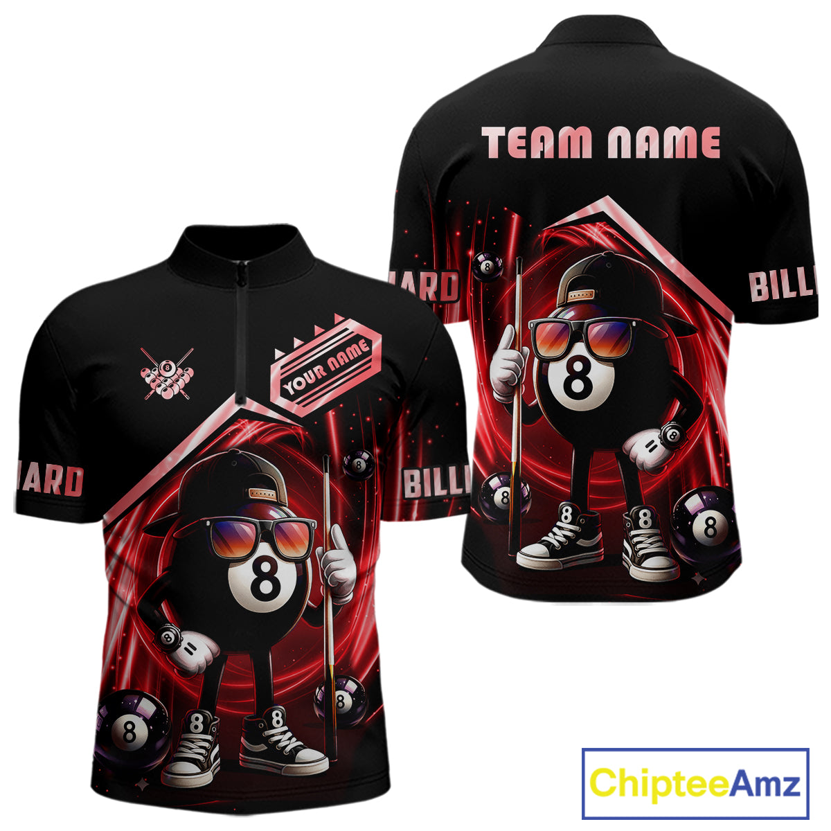 Red Funny 8 Ball Billiard Shirt For Men Custom Pool Team Shirt, Billiard Jersey Polo & 1/4 Zip TDM5645