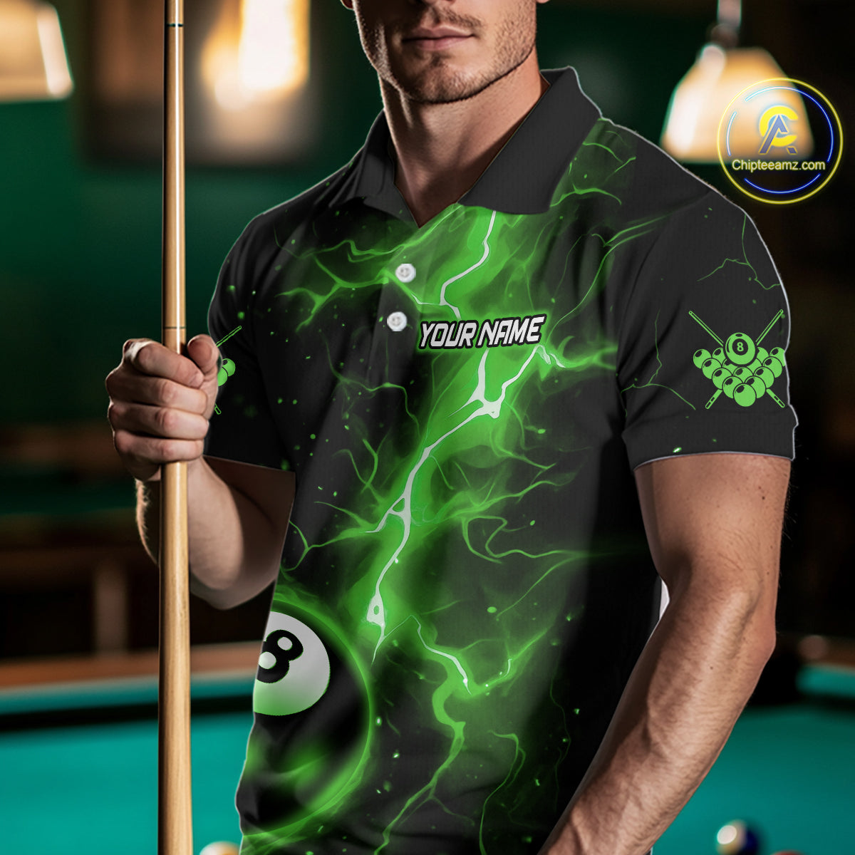 Green 8 Ball Thunder Lightning Billiard Shirt For Men Custom Pool Team Jersey Polo & 1/4 Zip TDM6259
