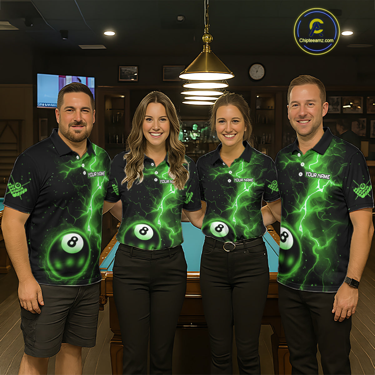 Green 8 Ball Thunder Lightning Billiard Shirt For Women Custom Pool Team Jersey Polo & 1/4 Zip TDM6259