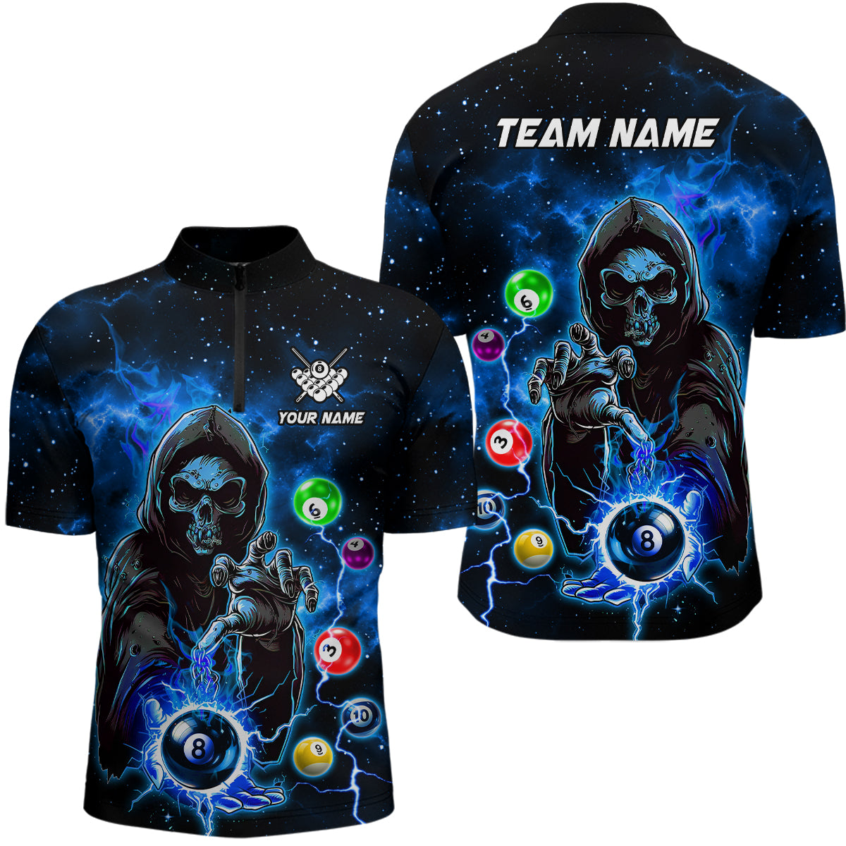 Blue Billiard Grim Reaper Men Polo & Quarter-Zip Shirts Customized Team League Billiard Jerseys TDM1749