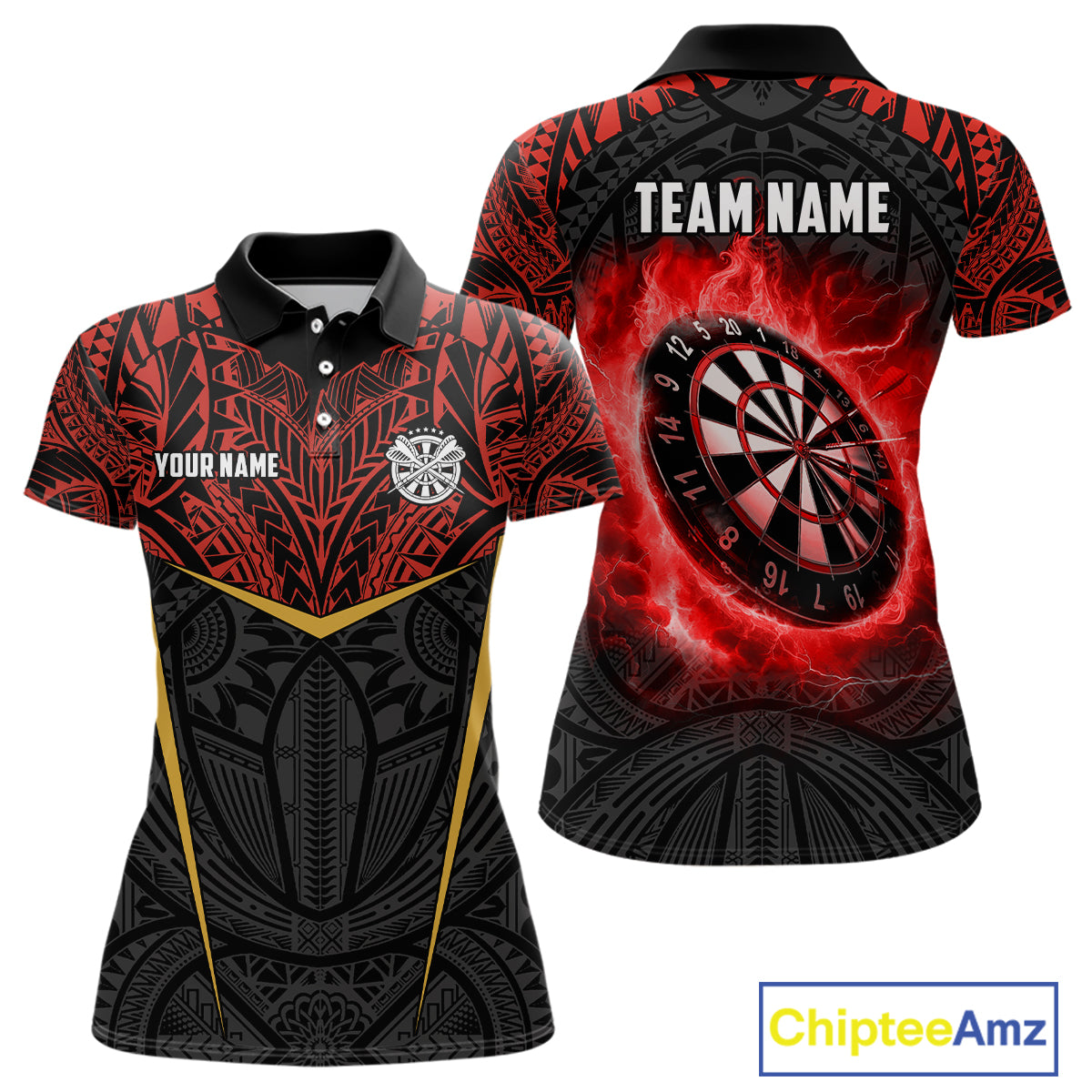 Personalized Red Black Tribal Pattern Darts Polo & 1/4 Zip Custom Dart Shirt For Women, Dart Jerseys TDM4141