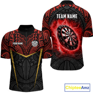Personalized Red Black Tribal Pattern Darts Polo & 1/4 Zip Custom Dart Shirt For Men, Dart Jerseys TDM4141