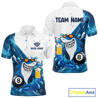 Blue and white funny shark 8 ball pool billiard team jersey polo shirt for men, custom pool league apparel and tournament jersey.