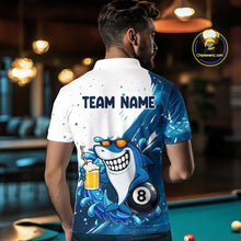 Load image into Gallery viewer, Man wearing blue and white funny shark 8 ball pool billiard polo shirt back view.