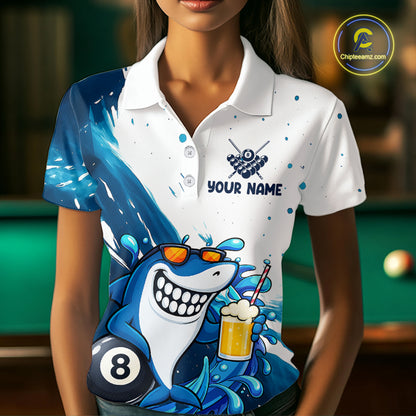 Woman wearing blue and white funny shark 8 ball pool billiard polo shirt front view.