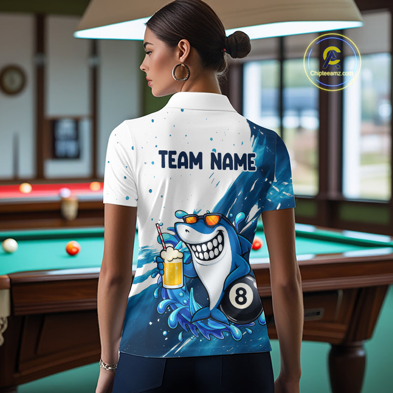 Woman wearing blue and white funny shark 8 ball pool billiard polo shirt back view.
