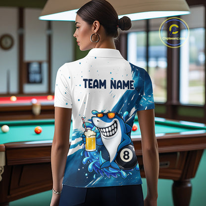 Woman wearing blue and white funny shark 8 ball pool billiard polo shirt back view.