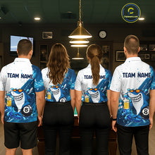 Load image into Gallery viewer, Billiard team wearing matching blue and white funny shark 8 ball pool jerseys back view.