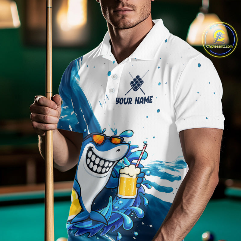 Man wearing blue and white funny shark 9 ball pool billiard polo shirt front view.