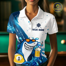 Load image into Gallery viewer, Woman wearing blue and white funny shark 9 ball pool billiard polo shirt front view.