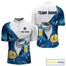Load image into Gallery viewer, Blue and white funny shark 9 ball pool billiard quarter zip shirt for men, personalized billiard team jersey.