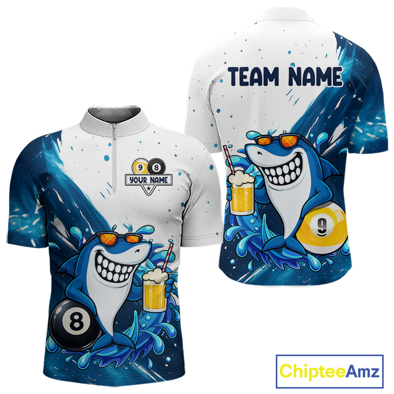 Custom blue funny shark 8 ball and 9 ball pool billiard quarter zip shirt for men, personalized billiard team jersey.