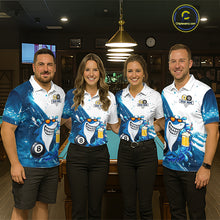 Load image into Gallery viewer, Billiard team wearing matching blue funny shark 8 ball and 9 ball pool jerseys front view.
