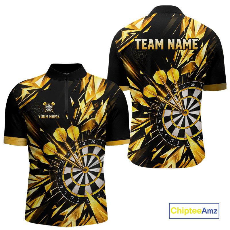 Personalized Black And Gold Shattered Darts Shirts For Men Custom Darts Jersey Team Polo & 1/4 Zip TDM8132