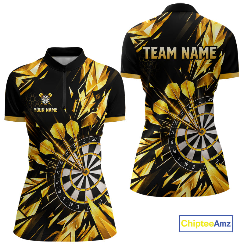 Personalized Black And Gold Shattered Darts Shirts For Women Custom Darts Jersey Team Polo & 1/4 Zip TDM8132
