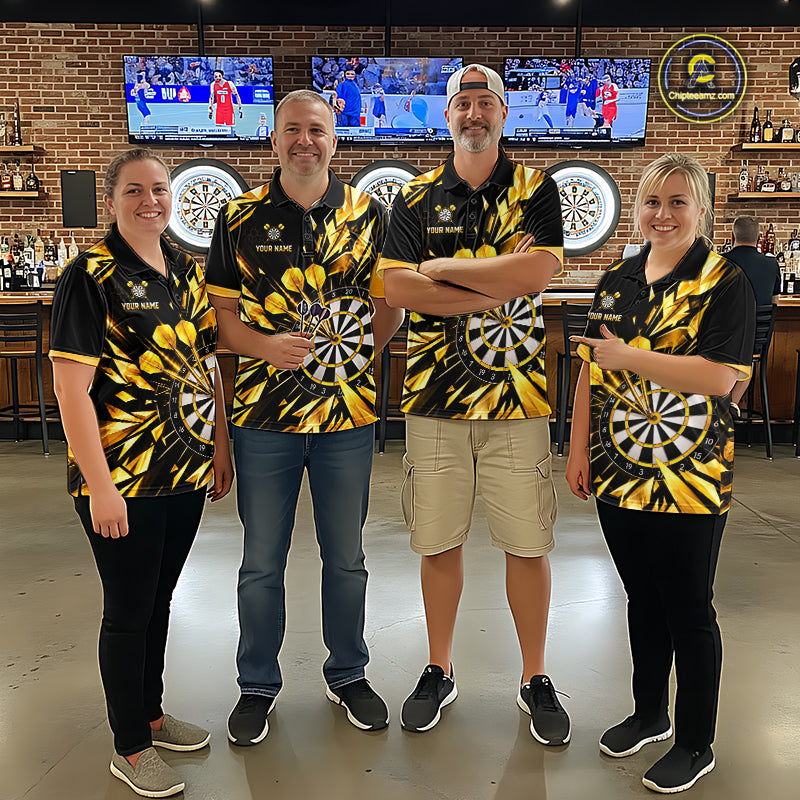 Personalized Black And Gold Shattered Darts Shirts For Men Custom Darts Jersey Team Polo & 1/4 Zip TDM8132