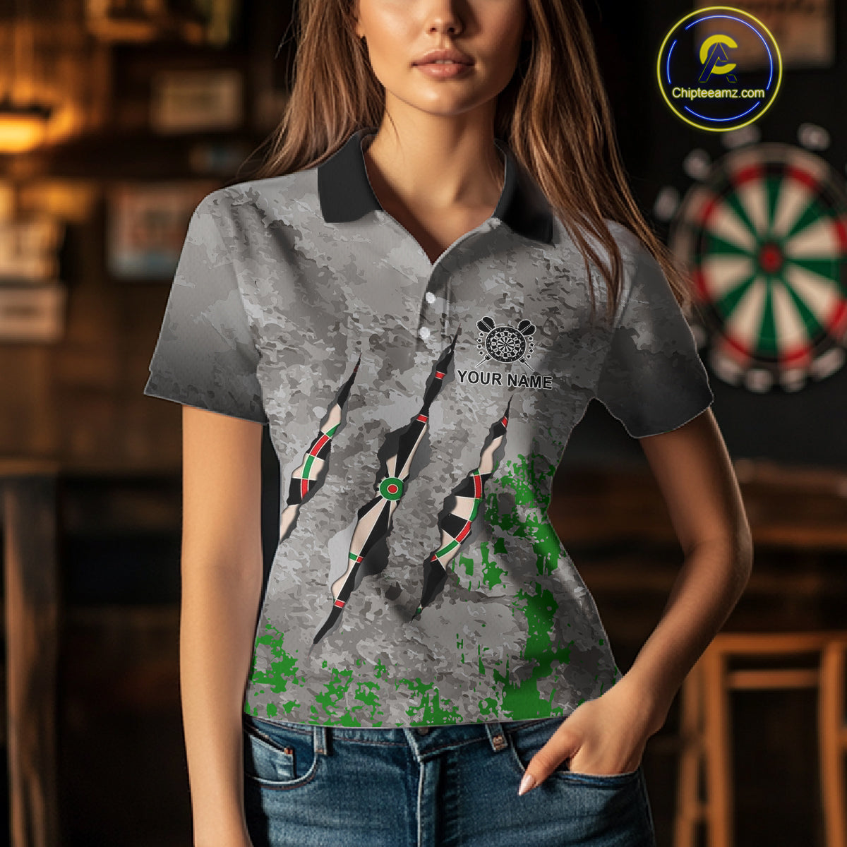 Custom Green Grey Grunge Dart Shirt With Pocket Option For Women, Darts Jersey TDM4528
