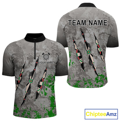 Custom Green Grey Grunge Dart Shirt With Pocket Option For Men, Darts Jersey TDM4528