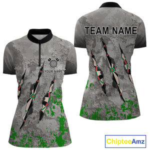 Custom Green Grey Grunge Dart Shirt With Pocket Option For Women, Darts Jersey TDM4528