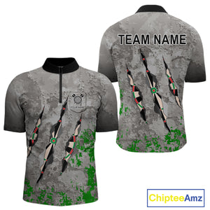 Custom Green Grey Grunge Dart Shirt With Pocket Option For Men, Darts Jersey TDM4528