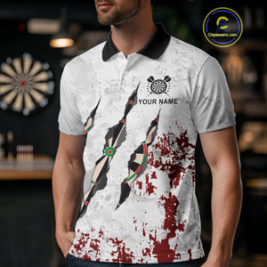 Custom White Red Grunge Dart Shirt With Pocket Option For Men, Darts Jersey TDM4529