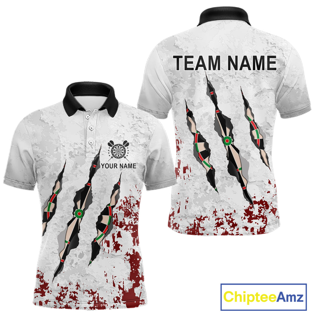 Custom White Red Grunge Dart Shirt With Pocket Option For Men, Darts Jersey TDM4529