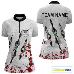 Custom White Red Grunge Dart Shirt With Pocket Option For Women, Darts Jersey TDM4529