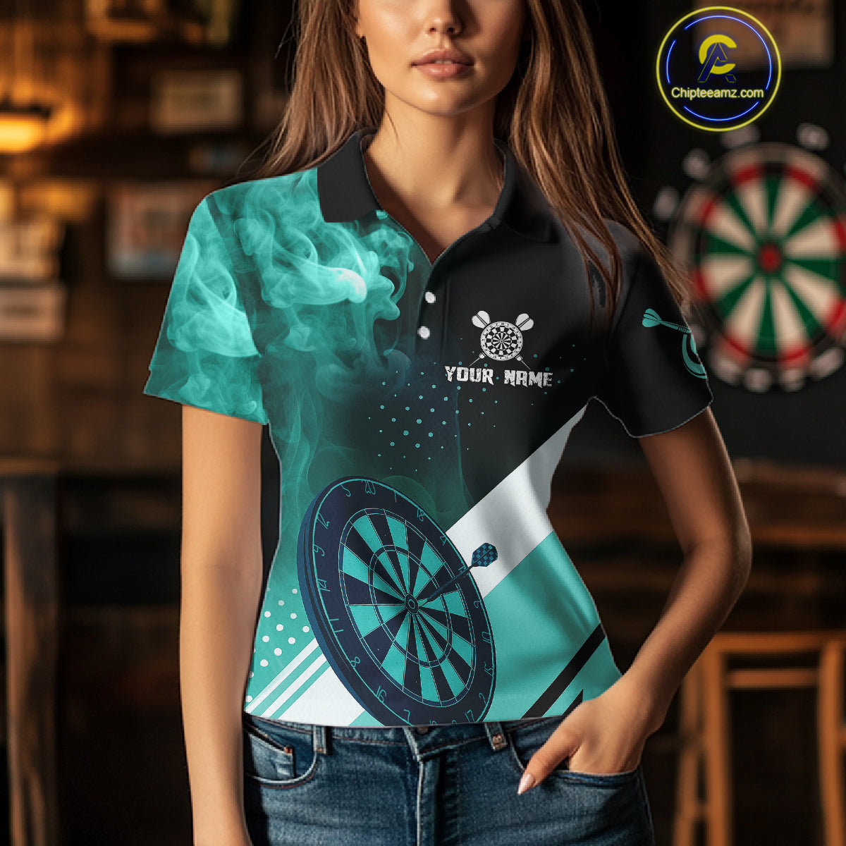Personalized Turquoise Smoke Darts Shirt For Women Custom Darts Jersey Team Polo & 1/4 Zip Outfit TDM4534