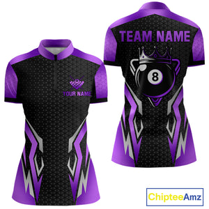 Black Purple 8 Ball Pool Crown Billiard Shirt For Women Custom Billiard Jersey Team Polo & 1/4 Zip TDM4323
