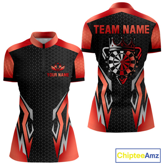 Black And Red Funny Crown Darts Shirt For Women Custom Darts Jerseys Team Polo & Quarter Zip TDM4325