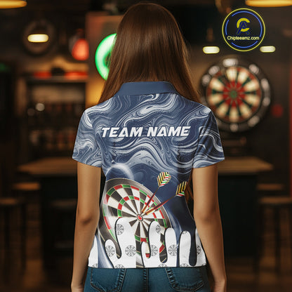 Personalized Marble Swirl Dart Shirts For Women Custom Funny Darts Team Jersey Polo & 1/4 Zip |Blue TDM4161