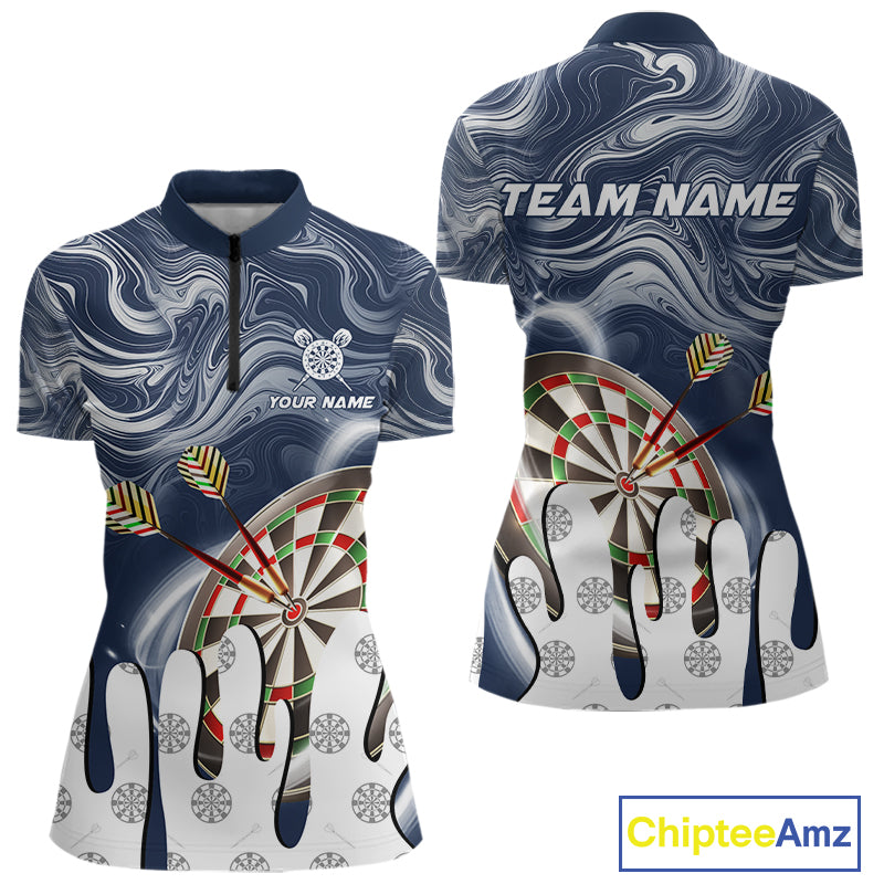 Personalized Marble Swirl Dart Shirts For Women Custom Funny Darts Team Jersey Polo & 1/4 Zip |Blue TDM4161