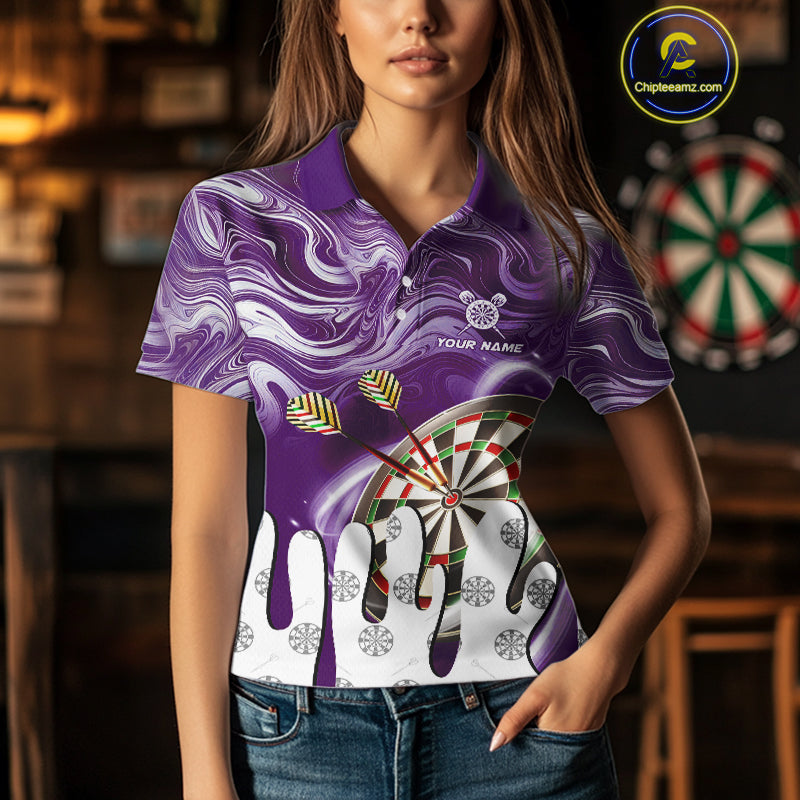 Personalized Marble Swirl Dart Shirt For Women Custom Funny Darts Jersey Team Polo & 1/4 Zip|Purple TDM4162