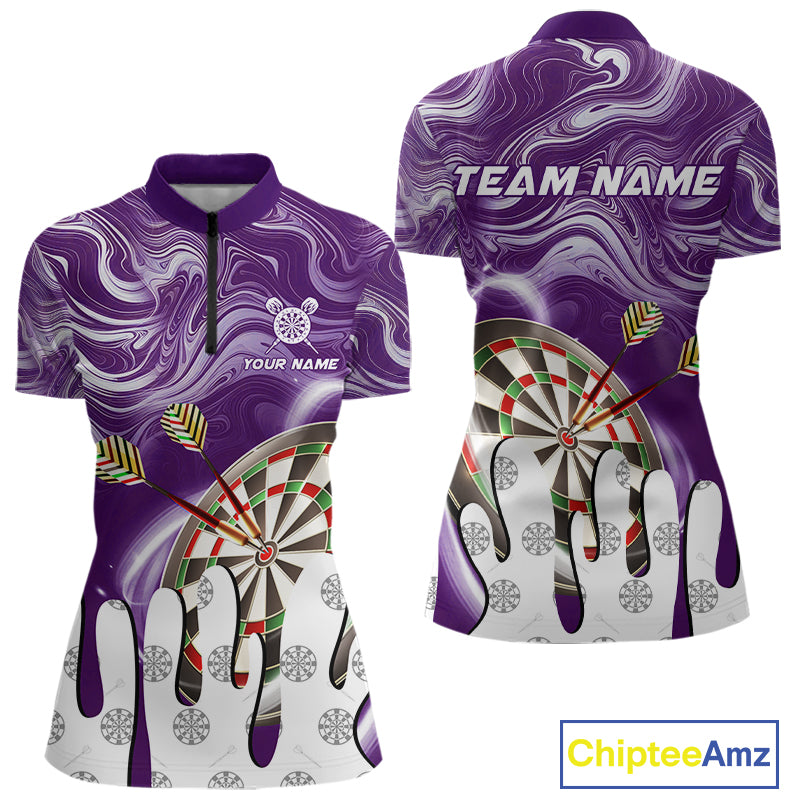 Personalized Marble Swirl Dart Shirt For Women Custom Funny Darts Jersey Team Polo & 1/4 Zip|Purple TDM4162