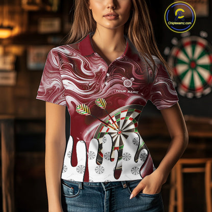 Personalized Marble Swirl Dart Shirts For Women Custom Funny Darts Jersey Team Polo & 1/4 Zip |Red TDM4163