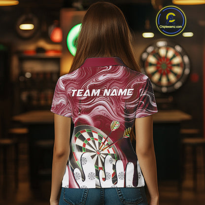 Personalized Marble Swirl Dart Shirts For Women Custom Funny Darts Jersey Team Polo & 1/4 Zip |Red TDM4163