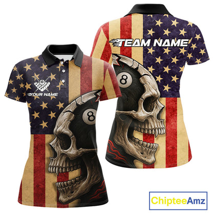 Vintage American Flag Skull Billiard Shirt For Women Custom 8 Ball Patriotic Pool Team Jerseys TDM4156