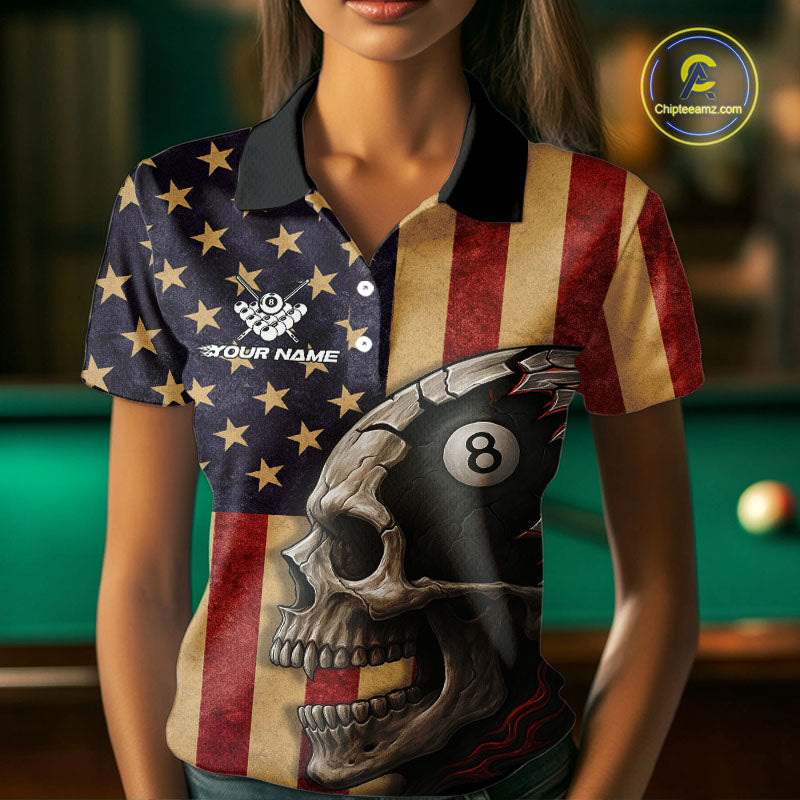 Vintage American Flag Skull Billiard Shirt For Women Custom 8 Ball Patriotic Pool Team Jerseys TDM4156