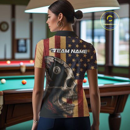 Vintage American Flag Skull Billiard Shirt For Women Custom 8 Ball Patriotic Pool Team Jerseys TDM4156