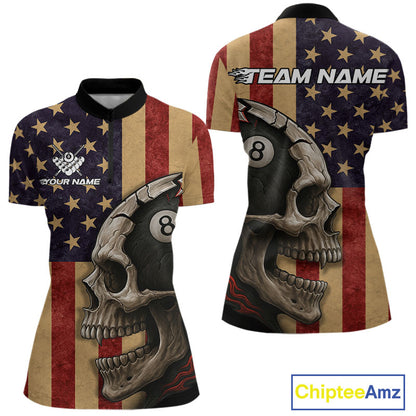 Vintage American Flag Skull Billiard Shirt For Women Custom 8 Ball Patriotic Pool Team Jerseys TDM4156